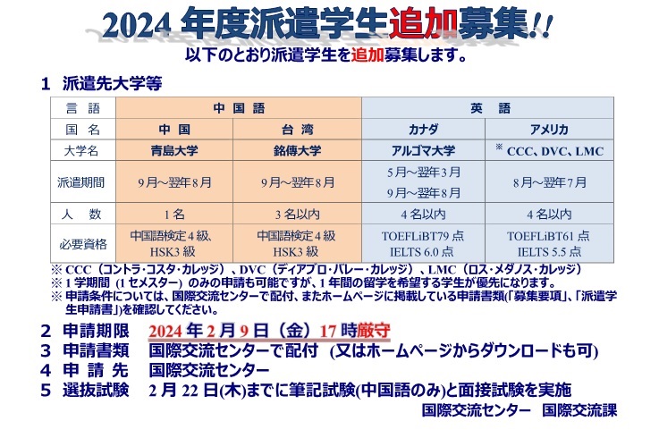 Additional recruitment for 2024 Students (United States, Canada, China, Taiwan)